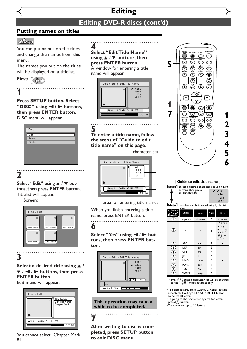 Editing, Editing dvd-r discs (cont’d), Putting names on titles | Sylvania SSR90V4 User Manual | Page 84 / 108