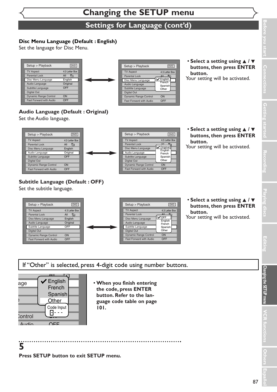 Changing the setup menu, Settings for language (cont’d), Press setup button to exit setup menu | Sylvania SSR90V4 User Manual | Page 87 / 108