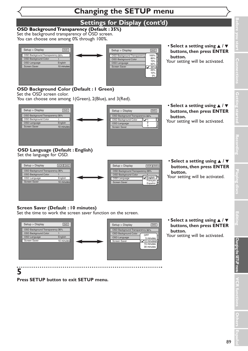 Changing the setup menu, Settings for display (cont’d), Press setup button to exit setup menu | Sylvania SSR90V4 User Manual | Page 89 / 108