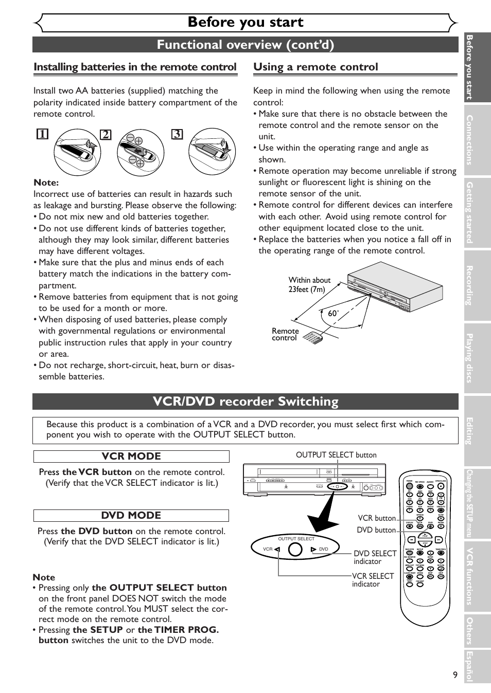 Before you start, Functional overview (cont’d), Vcr/dvd recorder switching | Using a remote control, Installing batteries in the remote control, Vcr mode, Dvd mode | Sylvania SSR90V4 User Manual | Page 9 / 108