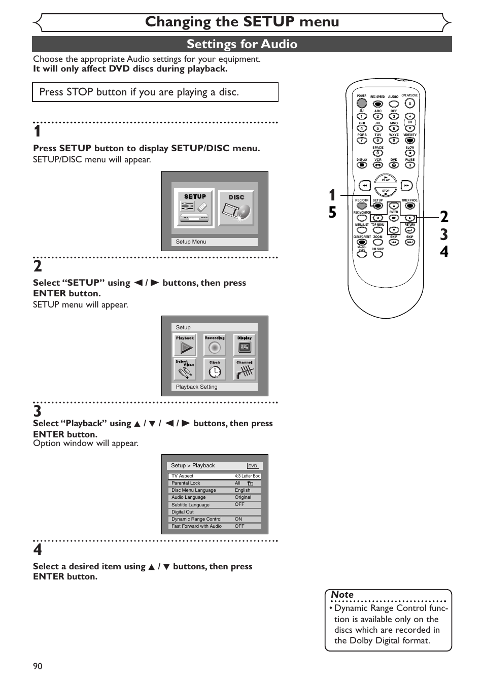Changing the setup menu, Settings for audio, Press stop button if you are playing a disc | Sylvania SSR90V4 User Manual | Page 90 / 108