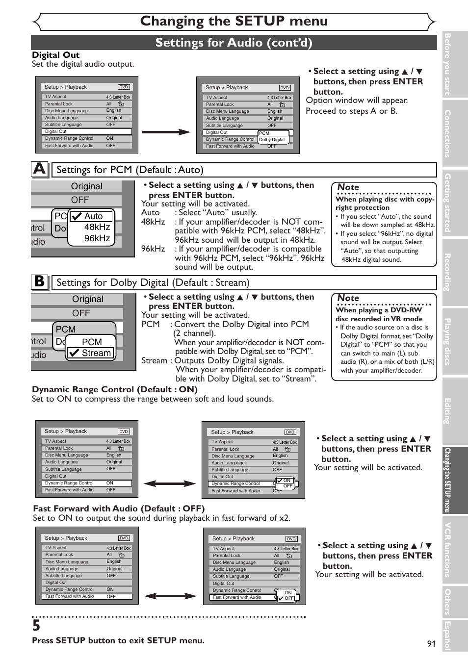 Changing the setup menu, Settings for audio (cont’d), Settings for dolby digital (default : stream) | Settings for pcm (default : auto), Press setup button to exit setup menu | Sylvania SSR90V4 User Manual | Page 91 / 108