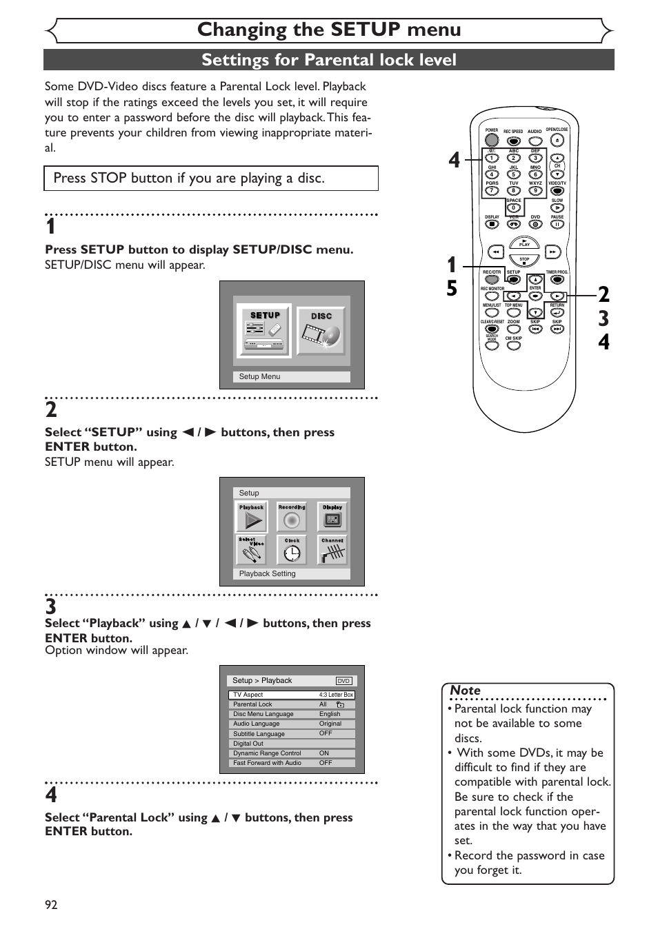 Changing the setup menu, Settings for parental lock level, Press stop button if you are playing a disc | Sylvania SSR90V4 User Manual | Page 92 / 108