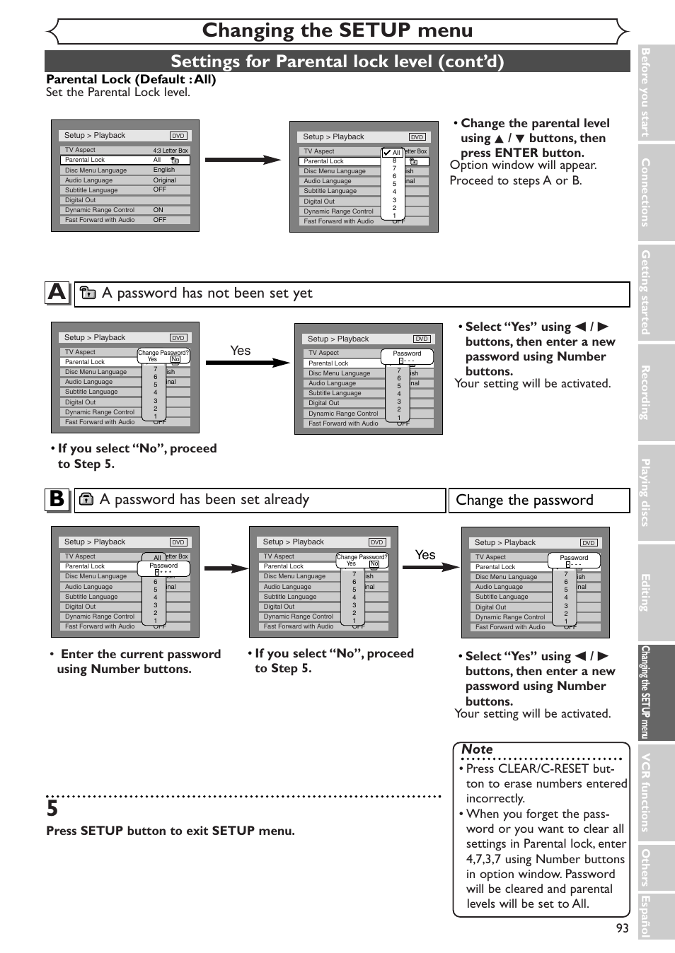 Changing the setup menu, Settings for parental lock level (cont’d), A password has been set already | Change the password, A password has not been set yet, Press setup button to exit setup menu, If you select “no”, proceed to step 5. yes yes | Sylvania SSR90V4 User Manual | Page 93 / 108
