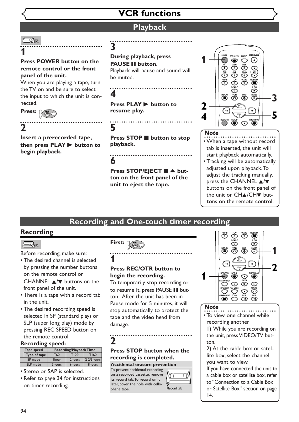 Vcr functions, Playback, Recording and one-touch timer recording | Recording, Press play b button to resume play, Press stop c button to stop playback, Press stop button when the recording is completed | Sylvania SSR90V4 User Manual | Page 94 / 108