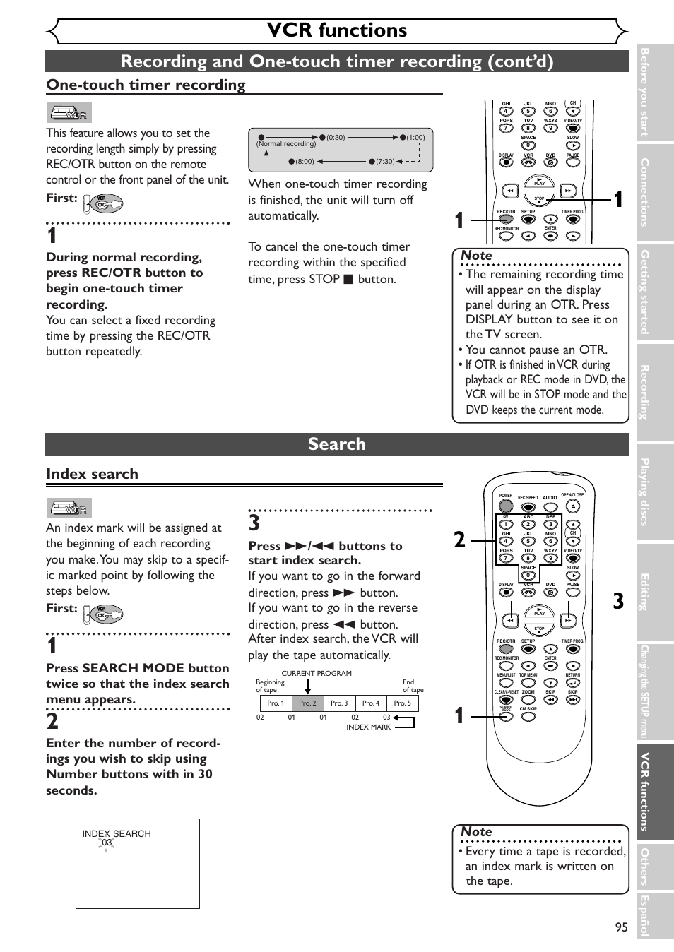 Vcr functions, Recording and one-touch timer recording (cont’d), Search | One-touch timer recording, Index search | Sylvania SSR90V4 User Manual | Page 95 / 108