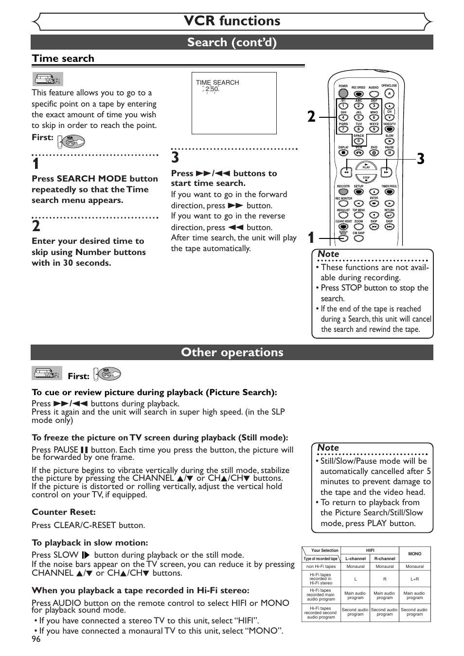 Vcr functions, Other operations, Search (cont’d) | Time search | Sylvania SSR90V4 User Manual | Page 96 / 108
