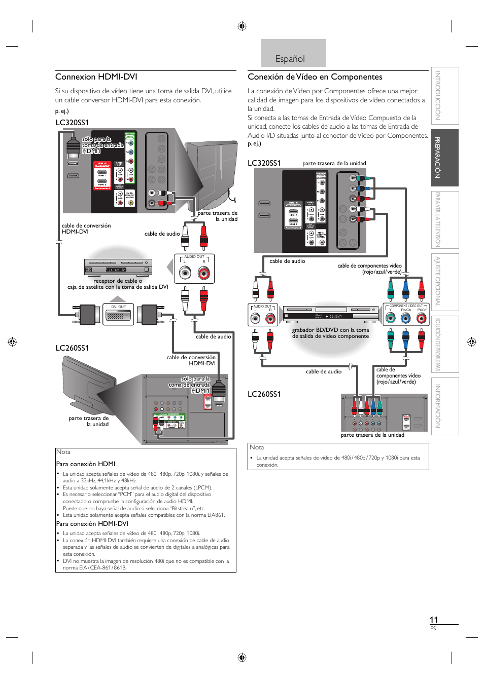 Español, Connexion hdmi-dvi, Conexión de vídeo en componentes | Sylvania LC320SS1 User Manual | Page 101 / 128