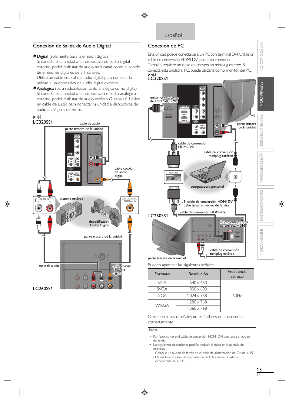 Español, Conexión de salida de audio digital, Conexión de pc | Lc320ss1, Lc260ss1 | Sylvania LC320SS1 User Manual | Page 103 / 128