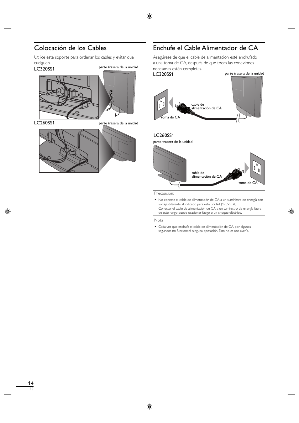 Colocación de los cables, Enchufe el cable alimentador de ca | Sylvania LC320SS1 User Manual | Page 104 / 128