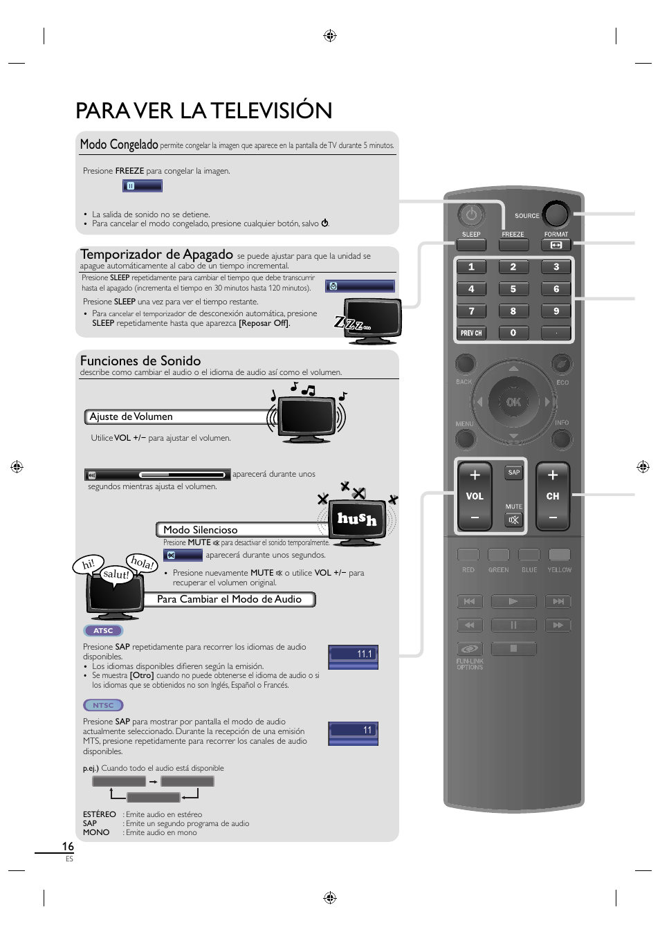 Para ver la televisión, Modo congelado, Temporizador de apagado | Funciones de sonido | Sylvania LC320SS1 User Manual | Page 106 / 128