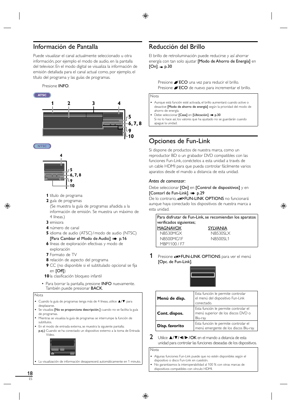 Información de pantalla, Reducción del brillo, Opciones de fun-link | Antes de comenzar | Sylvania LC320SS1 User Manual | Page 108 / 128