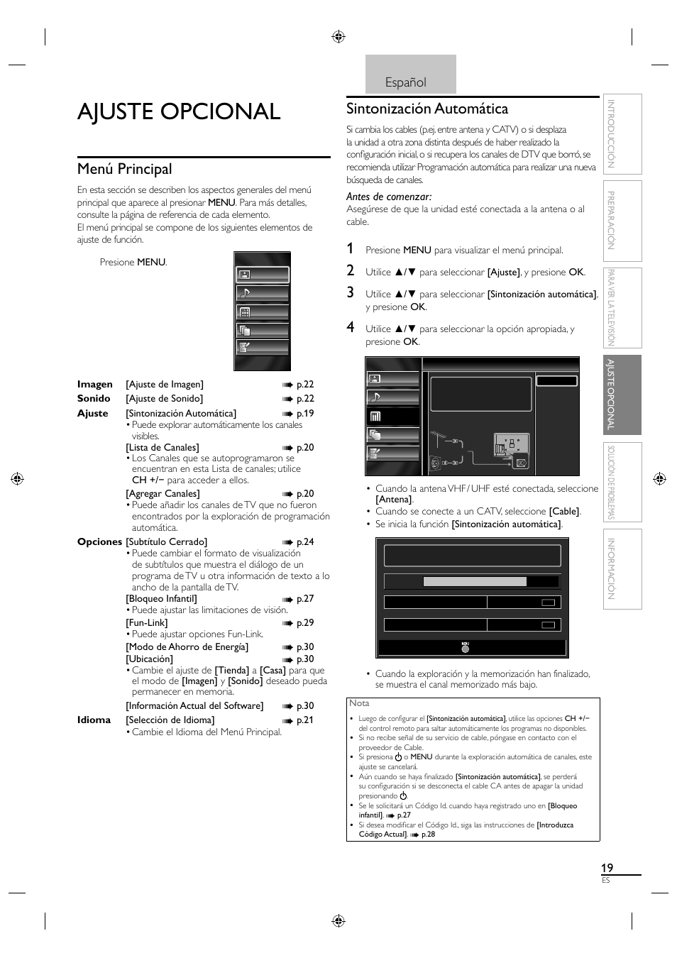 Ajuste opcional, Menú principal, Sintonización automática | Español | Sylvania LC320SS1 User Manual | Page 109 / 128