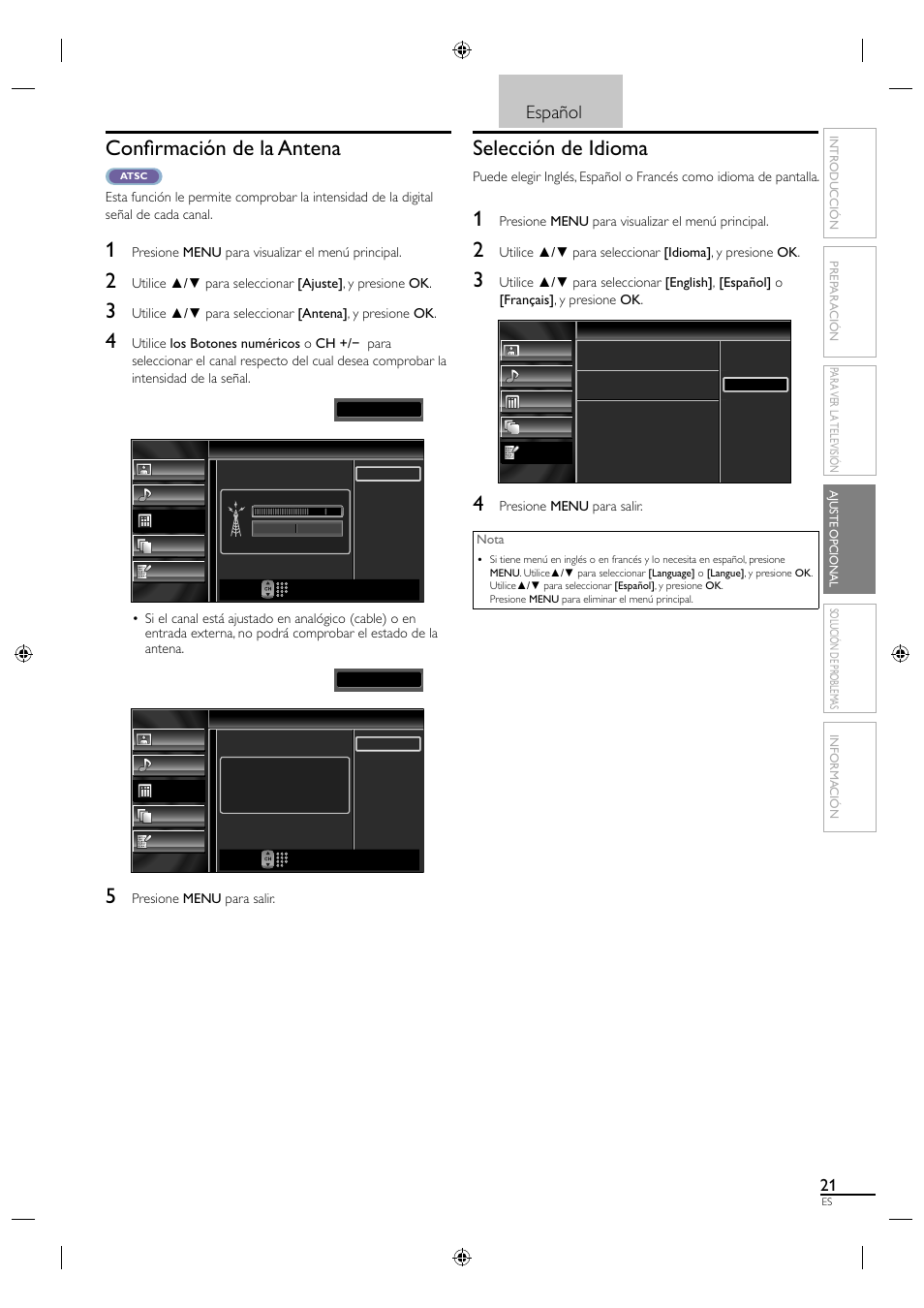 Confi rmación de la antena, Selección de idioma, Español | Video | Sylvania LC320SS1 User Manual | Page 111 / 128