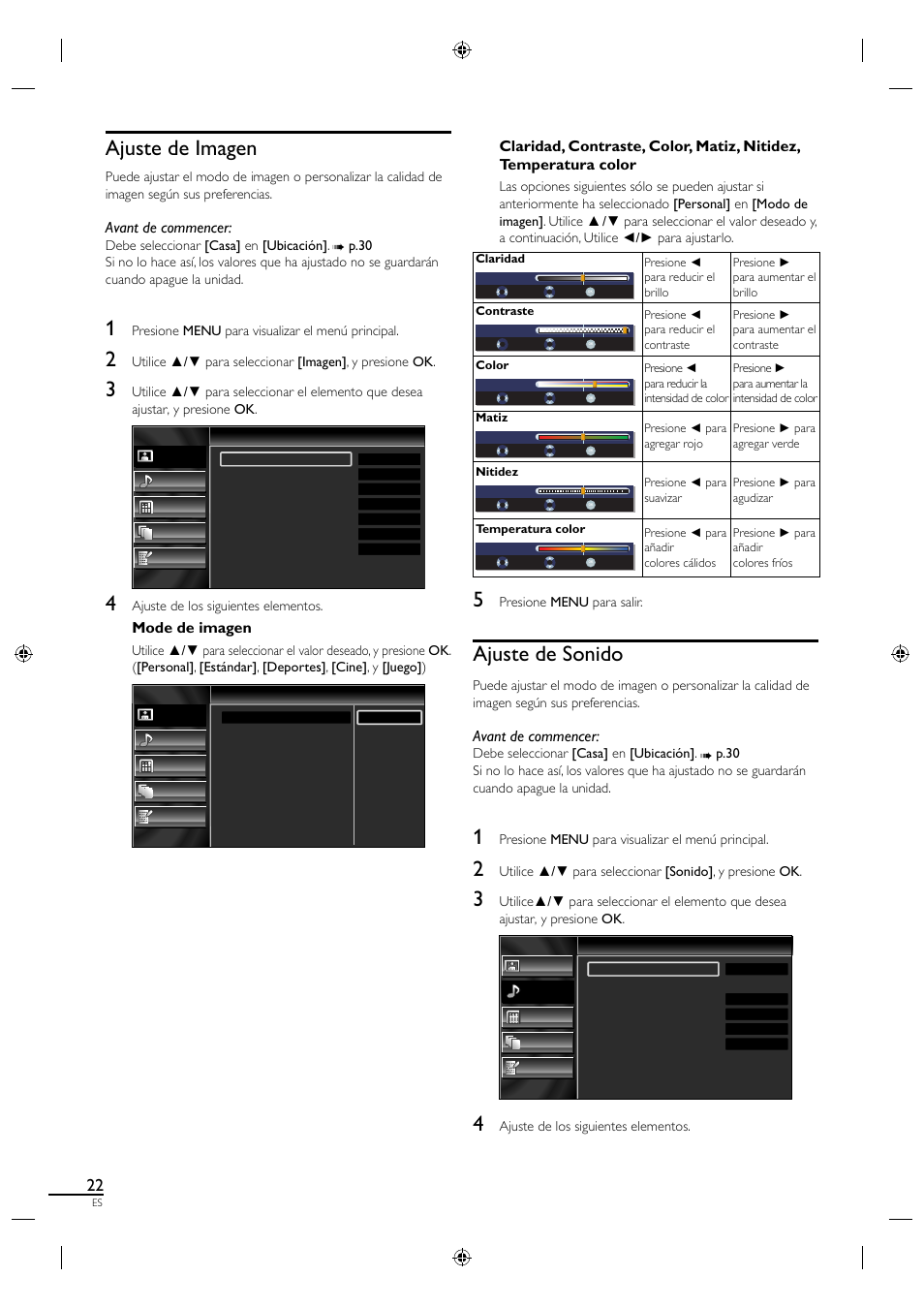 Ajuste de imagen, Ajuste de sonido, Avant de commencer | Mode de imagen | Sylvania LC320SS1 User Manual | Page 112 / 128