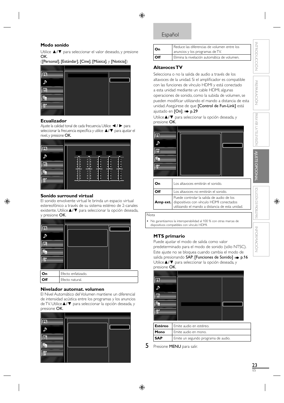 Español, Modo sonido, Ecualizador | Sonido surround virtual, Nivelador automat. volumen, Altavoces tv, Mts primario | Sylvania LC320SS1 User Manual | Page 113 / 128