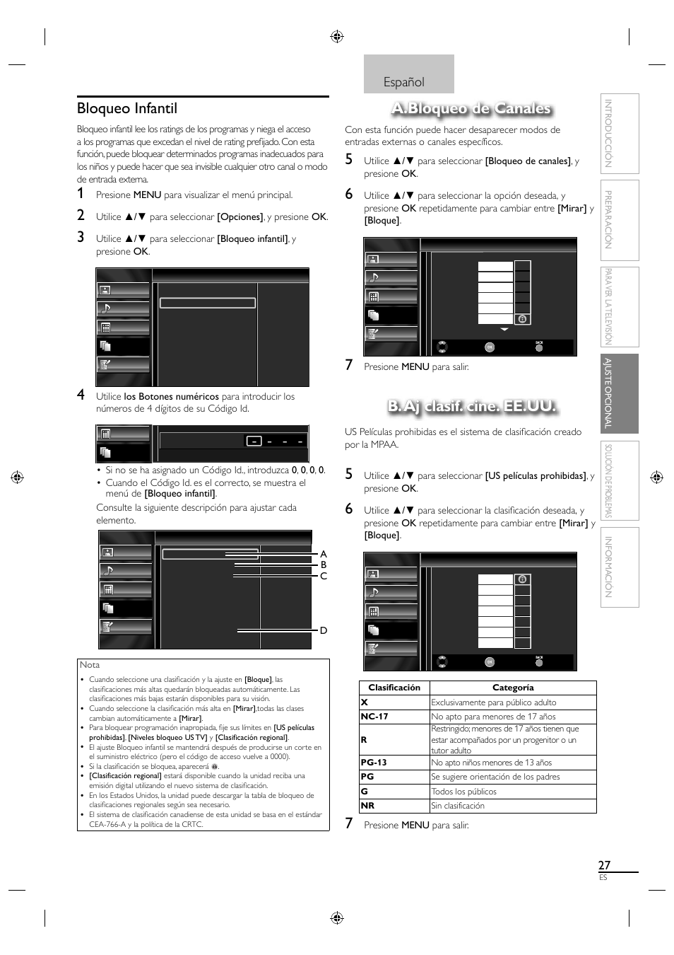 Bloqueo infantil, A.bloqueo de canales, B. aj clasif. cine. ee.uu | Español | Sylvania LC320SS1 User Manual | Page 117 / 128