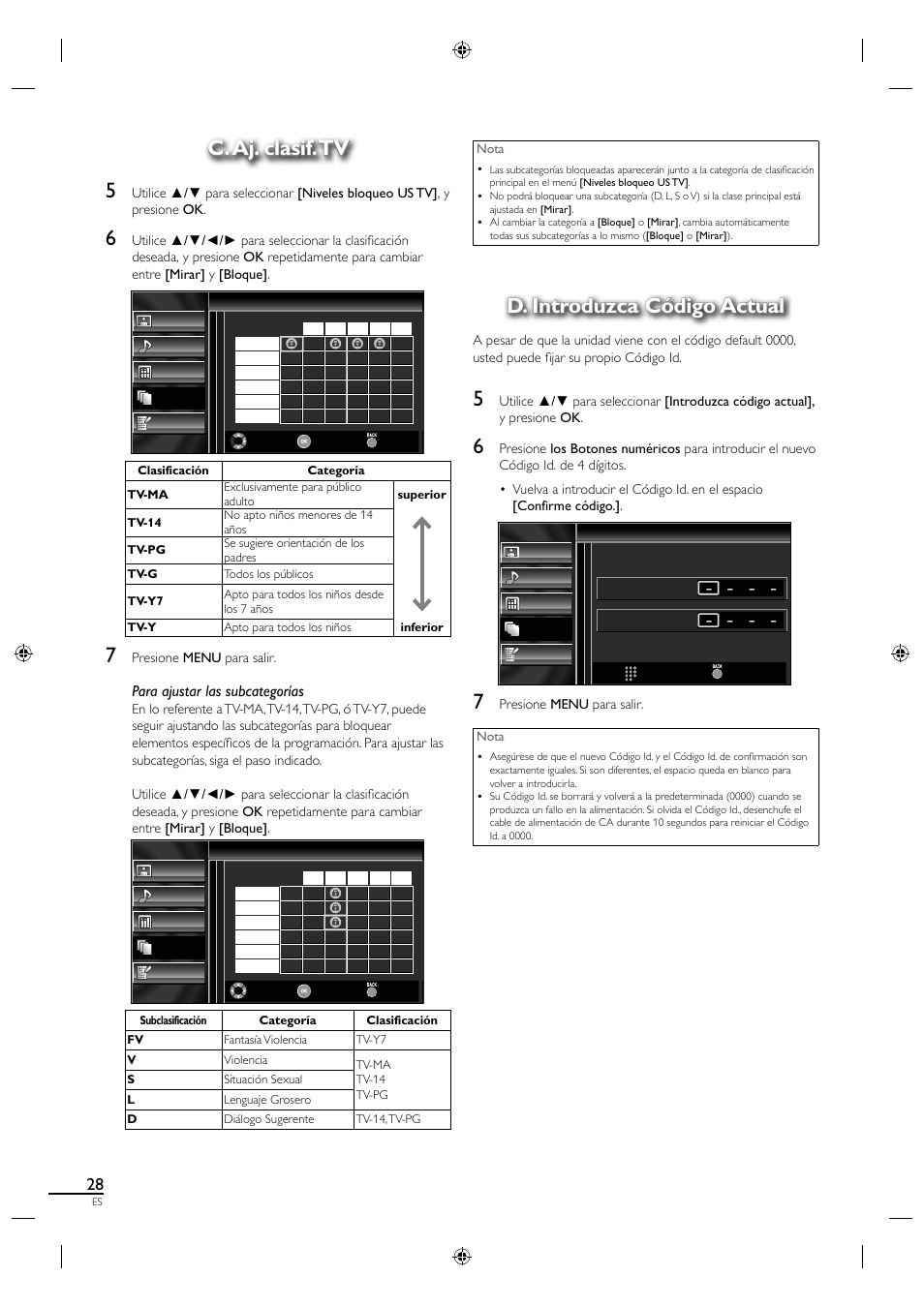 C. aj. clasif. tv, C. aj. clasif. tv 5, D. introduzca código actual | Para ajustar las subcategorías | Sylvania LC320SS1 User Manual | Page 118 / 128