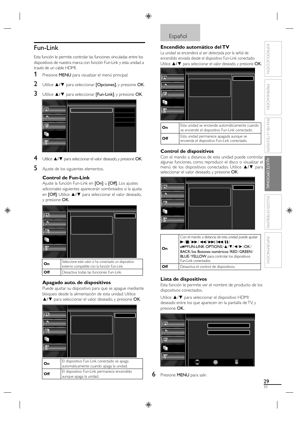 Fun-link, Español, Control de fun-link | Apagado auto. de dispositivos, Encendido automático del tv, Control de dispositivos, Lista de dispositivos | Sylvania LC320SS1 User Manual | Page 119 / 128