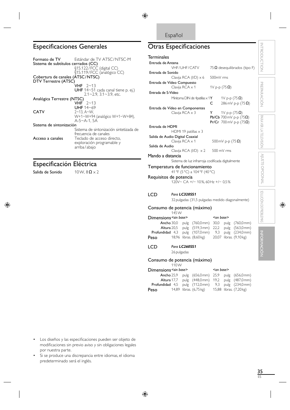 Especifi caciones generales, Especifi cación eléctrica, Otras especifi caciones | Español | Sylvania LC320SS1 User Manual | Page 125 / 128