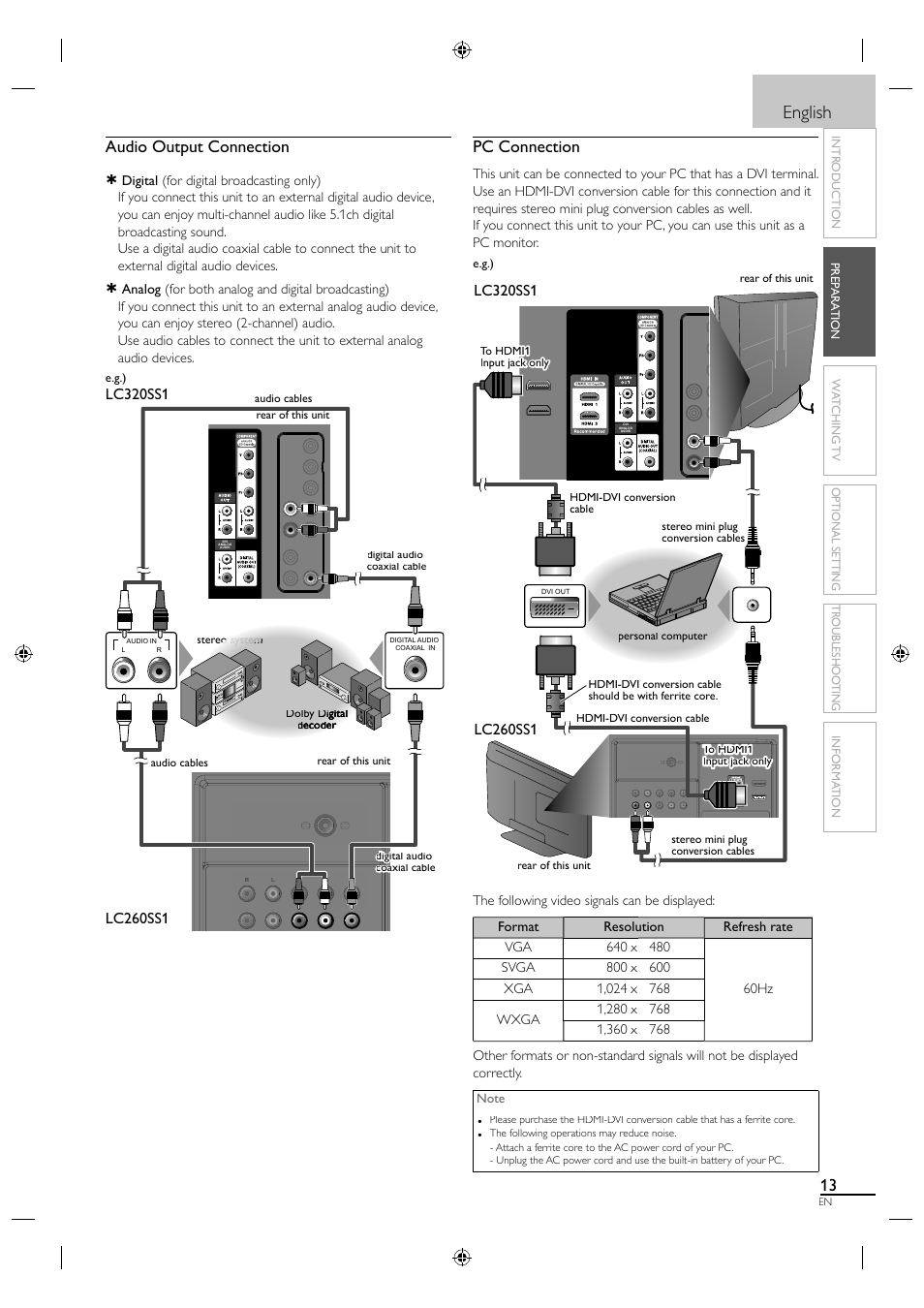 English, Audio output connection, Pc connection | Lc320ss1, Lc260ss1 | Sylvania LC320SS1 User Manual | Page 29 / 128