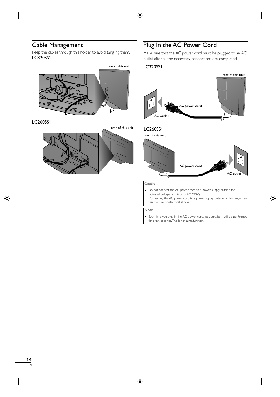 Cable management, Plug in the ac power cord | Sylvania LC320SS1 User Manual | Page 30 / 128