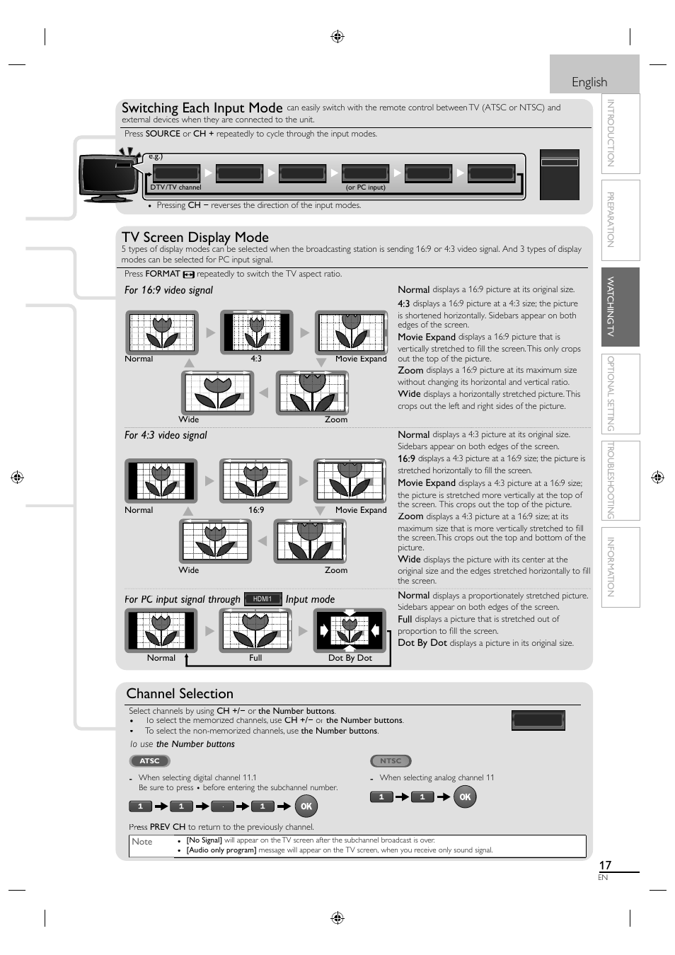 Switching each input mode tv screen display mode, Channel selection, Switching each input mode | English, For 16:9 video signal, For 4:3 video signal, For pc input signal through l, Input mode | Sylvania LC320SS1 User Manual | Page 33 / 128