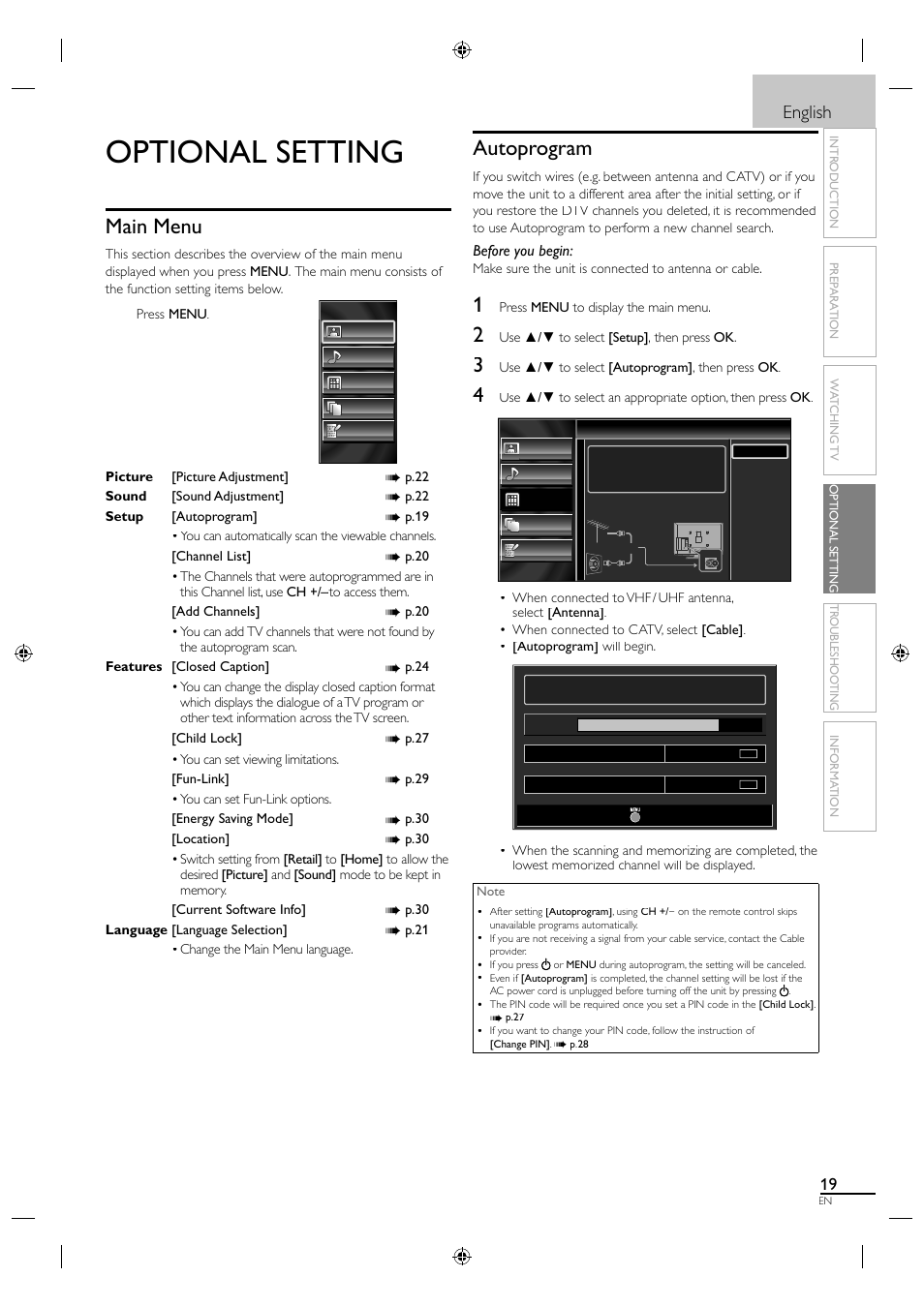 Optional setting, Main menu, Autoprogram | English | Sylvania LC320SS1 User Manual | Page 35 / 128