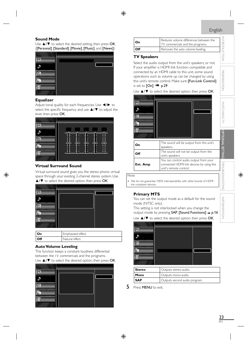 English, Sound mode, Equalizer | Auto volume leveling, Tv speakers, Primary mts | Sylvania LC320SS1 User Manual | Page 39 / 128