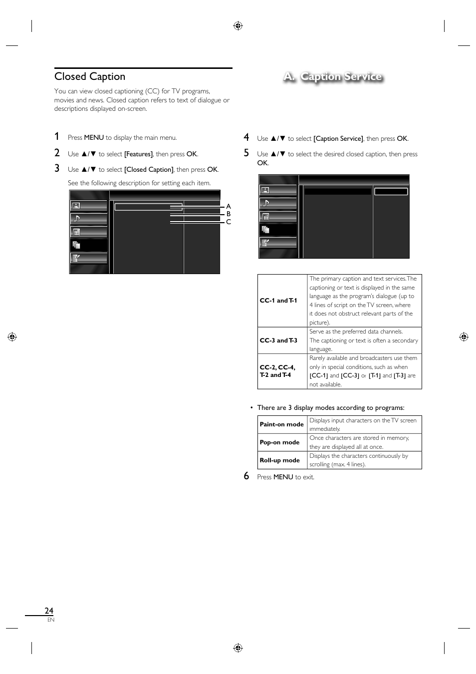 Closed caption, A. caption service, A. caption service 4 | Sylvania LC320SS1 User Manual | Page 40 / 128