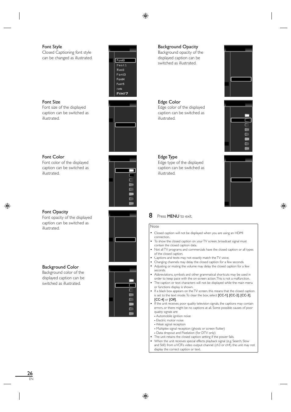 Font style, Font size, Font color | Font opacity, Background color, Background opacity, Edge color, Edge type | Sylvania LC320SS1 User Manual | Page 42 / 128