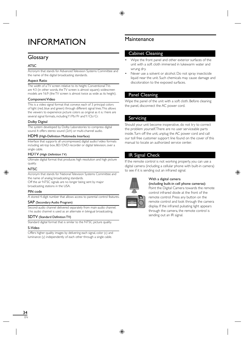 Information, Glossary, Maintenance | Cabinet cleaning, Panel cleaning, Servicing, Ir signal check | Sylvania LC320SS1 User Manual | Page 50 / 128