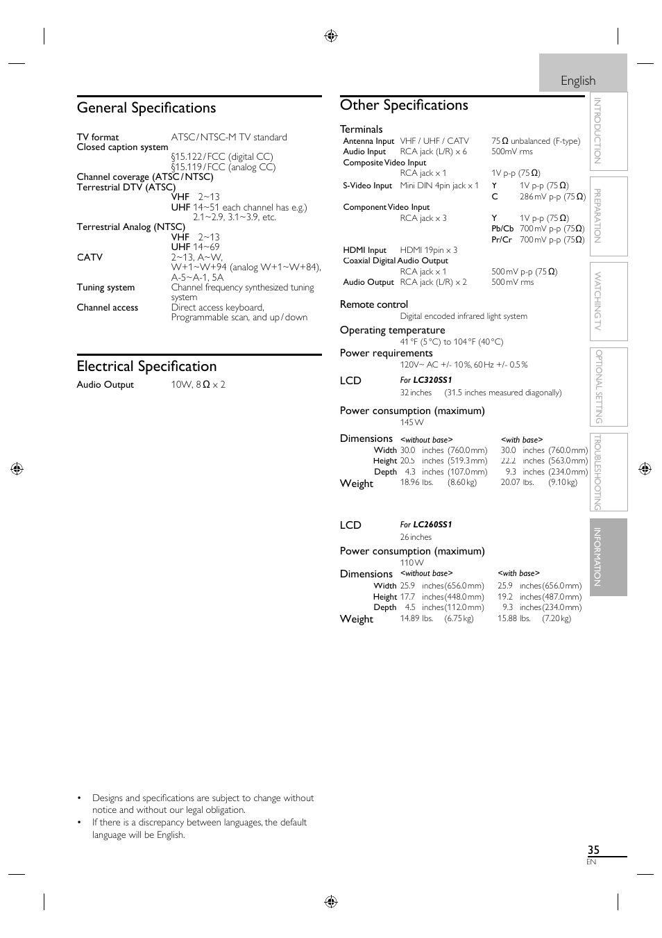 Other specifi cations, General specifi cations, Electrical specifi cation | English | Sylvania LC320SS1 User Manual | Page 51 / 128