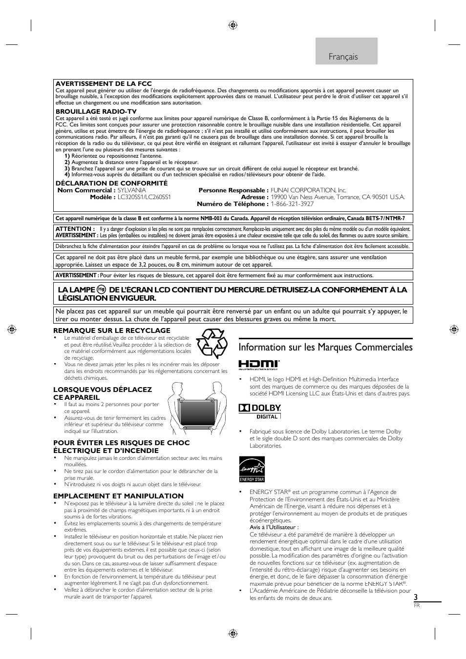Information sur les marques commerciales, Français | Sylvania LC320SS1 User Manual | Page 56 / 128