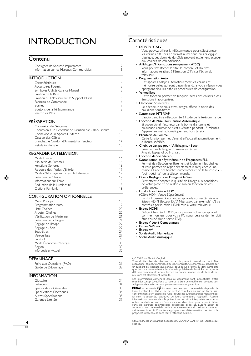 Introduction, Contenu, Caractéristiques | Préparation, Regarder la télévision, Configuration optionnelle, Dépannage, Information | Sylvania LC320SS1 User Manual | Page 57 / 128