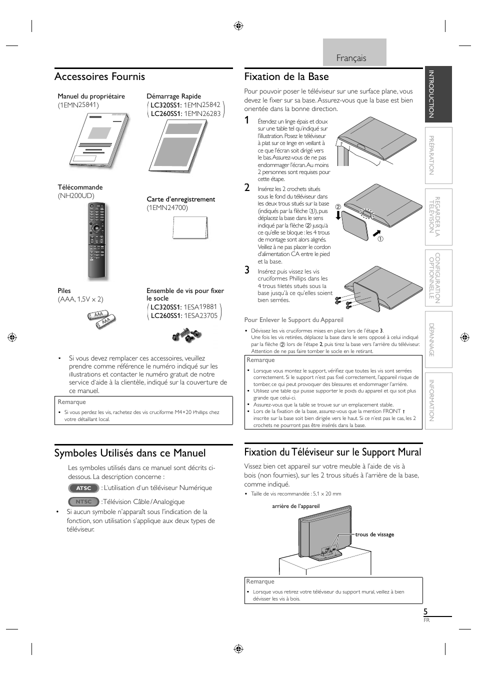 Accessoires fournis, Symboles utilisés dans ce manuel, Fixation de la base | Fixation du téléviseur sur le support mural, Français | Sylvania LC320SS1 User Manual | Page 58 / 128