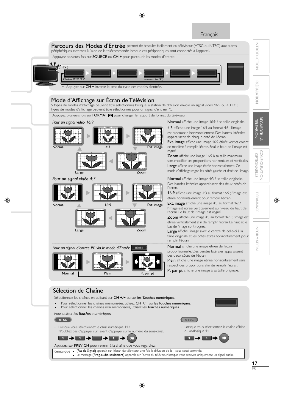 Sélection de chaîne, Parcours des modes d’entrée, Français | Pour un signal vidéo 4:3 | Sylvania LC320SS1 User Manual | Page 70 / 128