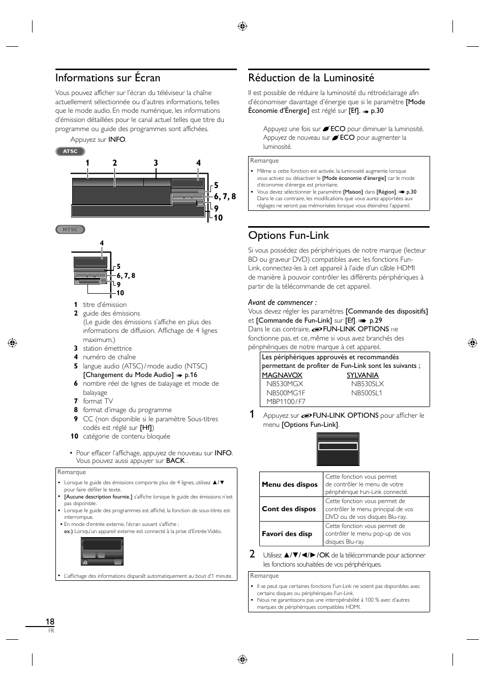 Informations sur écran, Réduction de la luminosité, Options fun-link | Avant de commencer | Sylvania LC320SS1 User Manual | Page 71 / 128