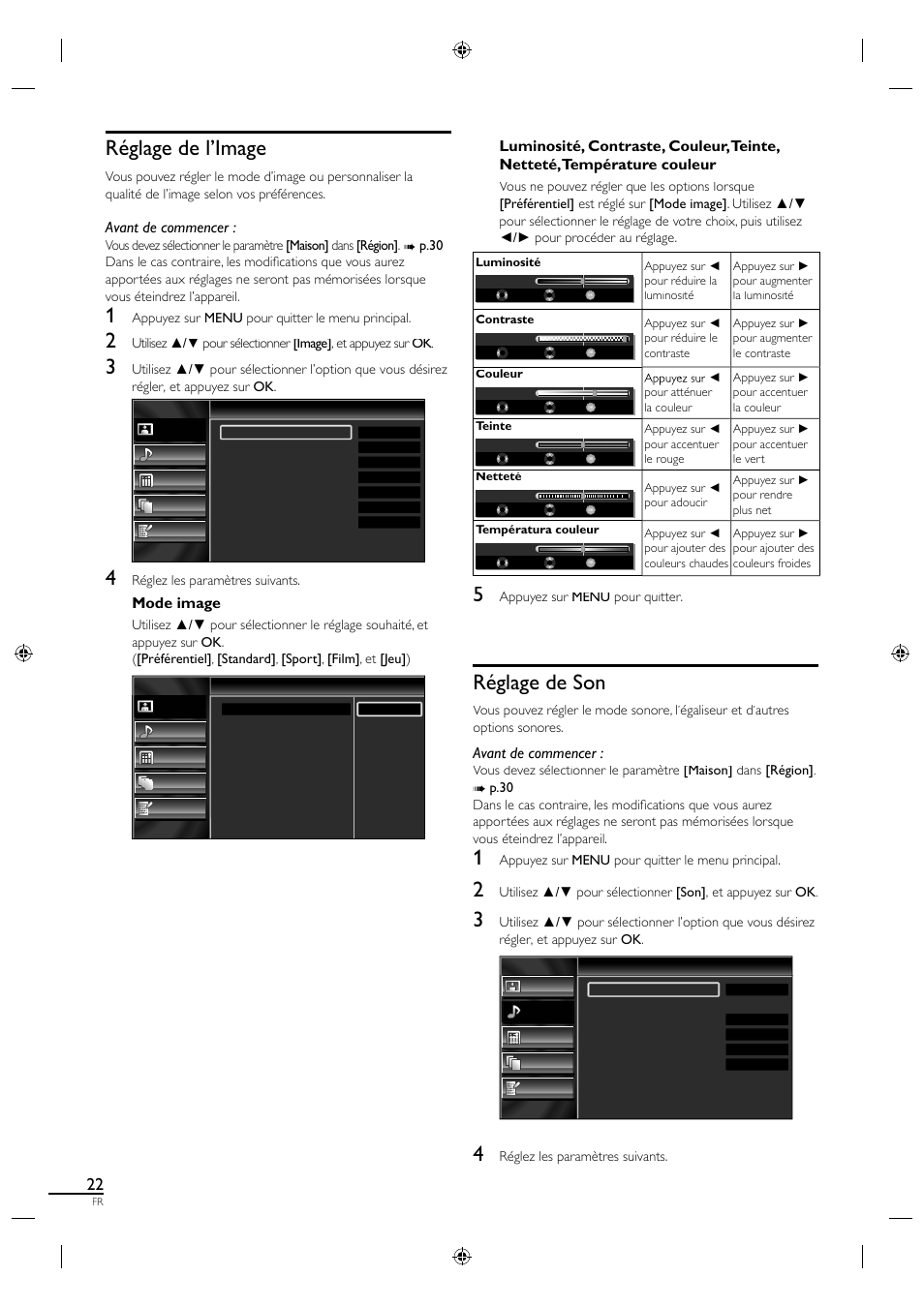 Réglage de l’image, Réglage de son, Avant de commencer | Mode image | Sylvania LC320SS1 User Manual | Page 75 / 128