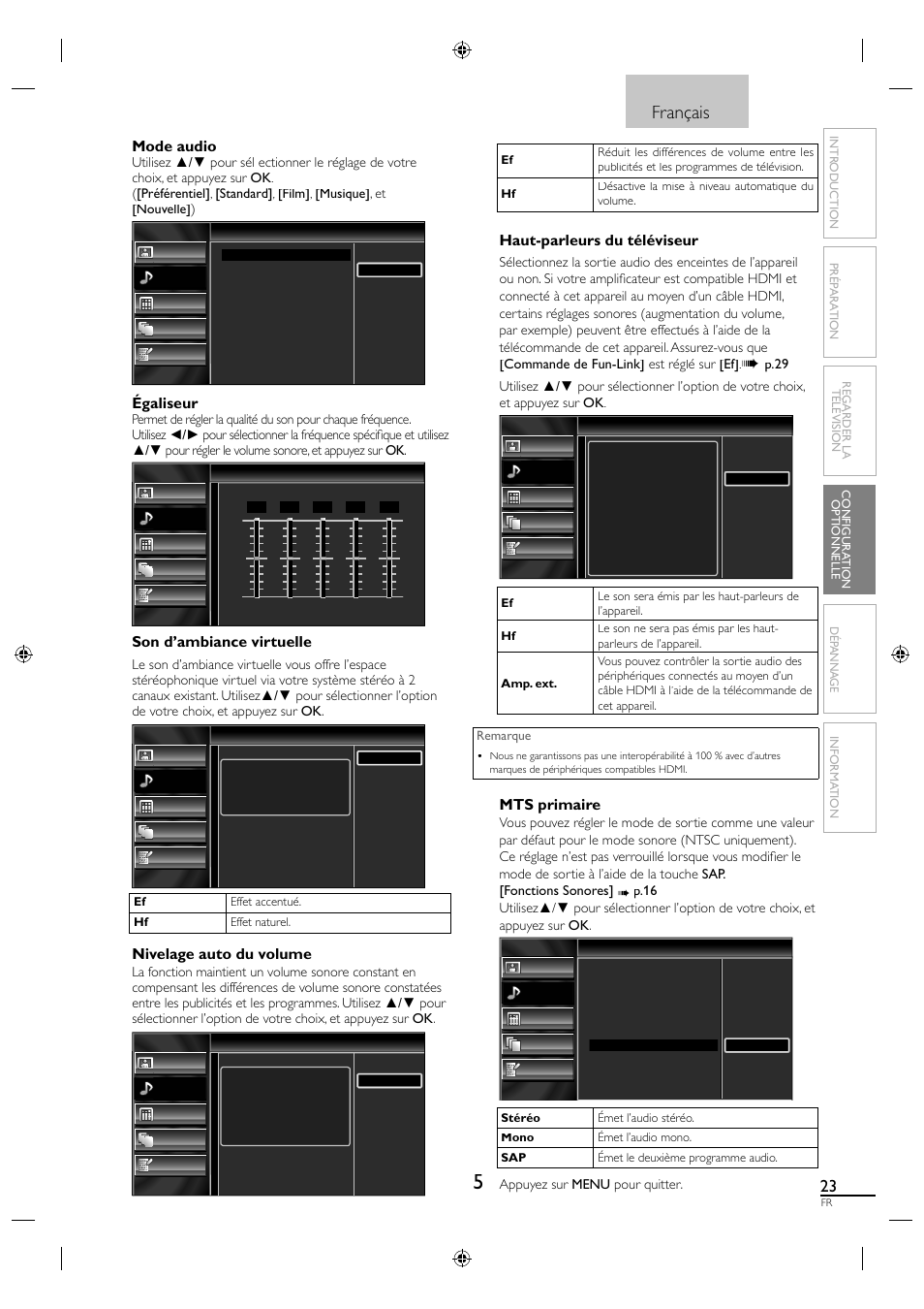 Français, Mode audio, Égaliseur | Son d’ambiance virtuelle, Nivelage auto du volume, Haut-parleurs du téléviseur, Mts primaire | Sylvania LC320SS1 User Manual | Page 76 / 128