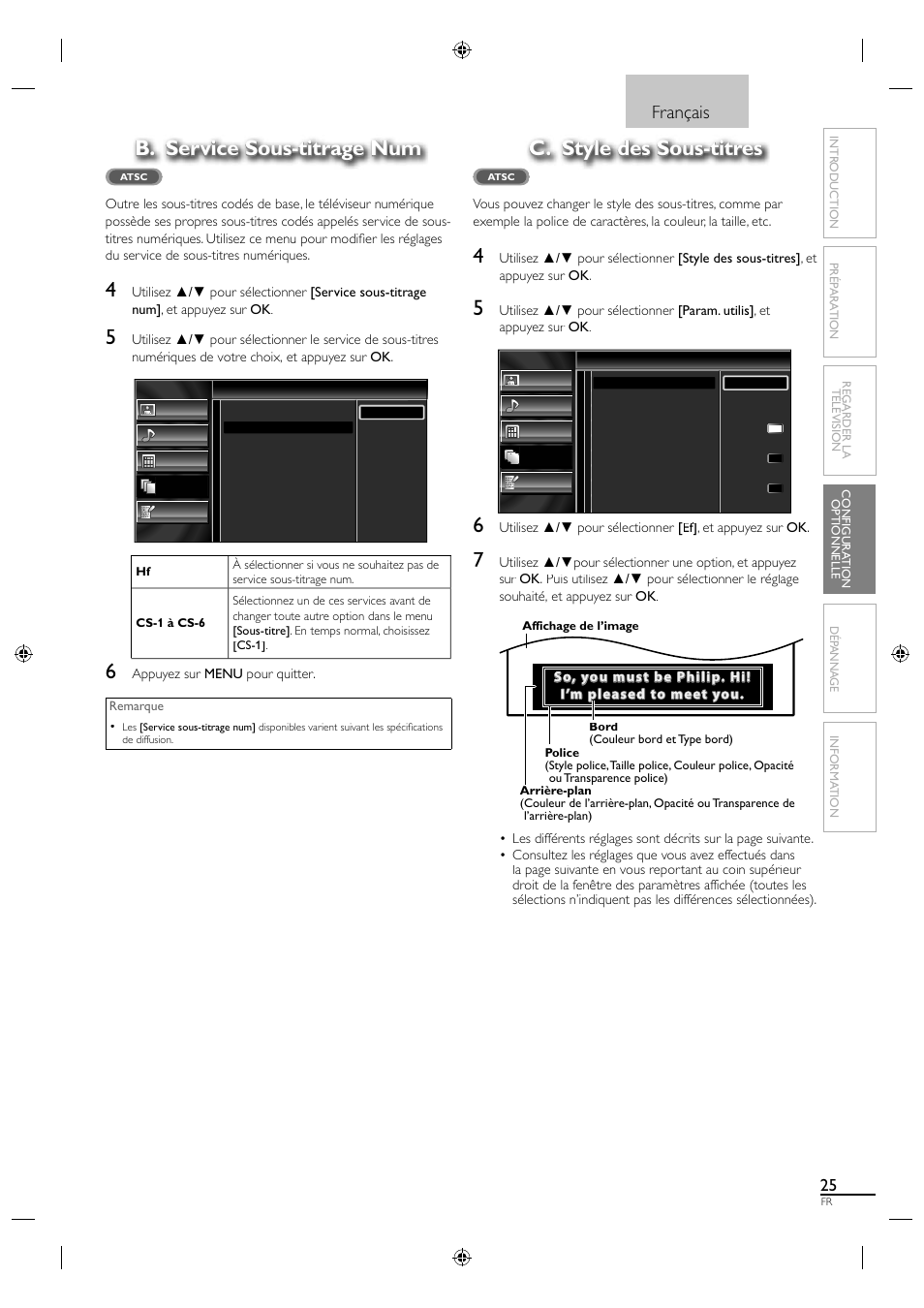 B. service sous-titrage num, C. style des sous-titres, Français | Sylvania LC320SS1 User Manual | Page 78 / 128