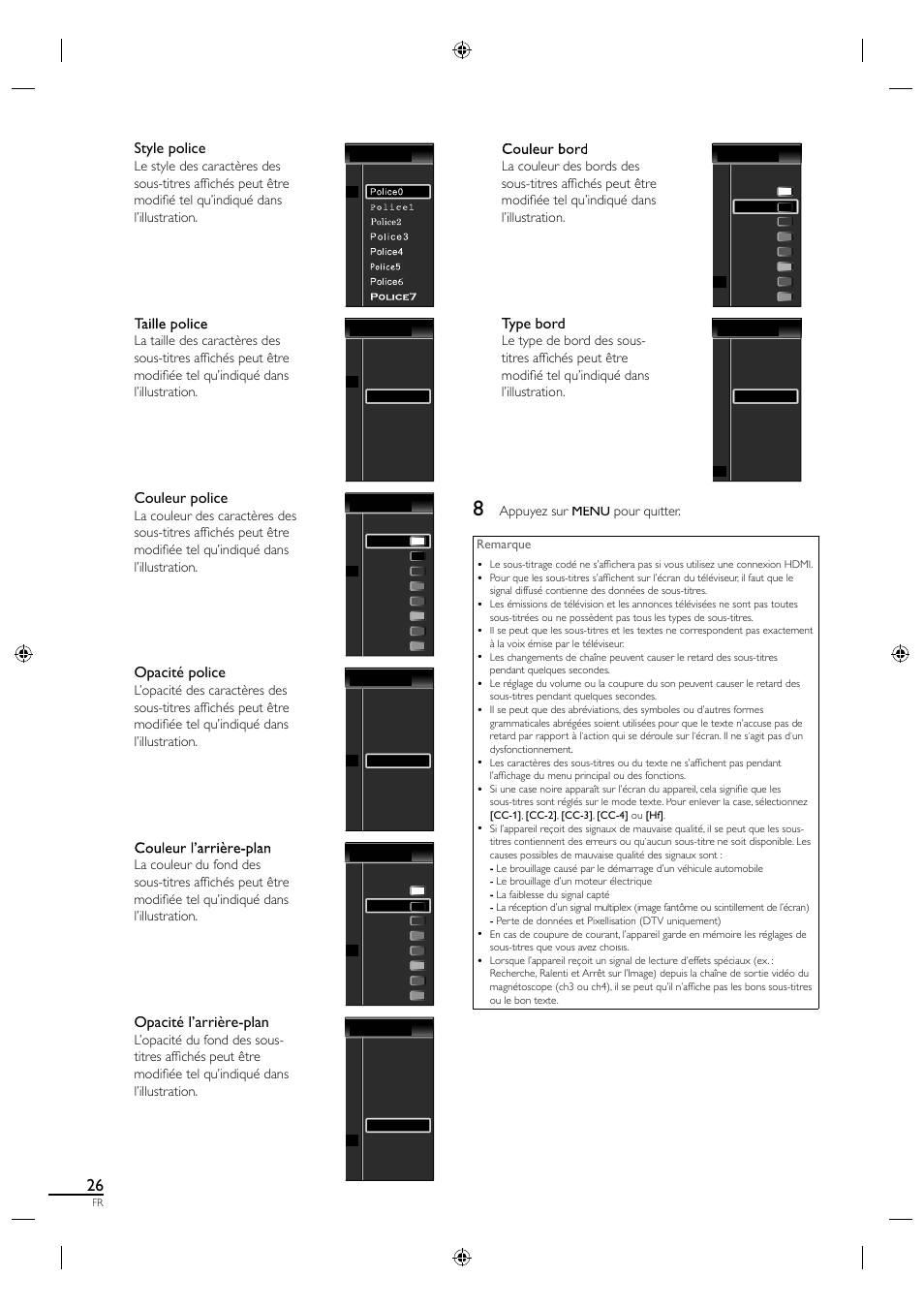 Style police, Couleur police, Opacité police | Opacité l’arrière-plan, Type bord | Sylvania LC320SS1 User Manual | Page 79 / 128