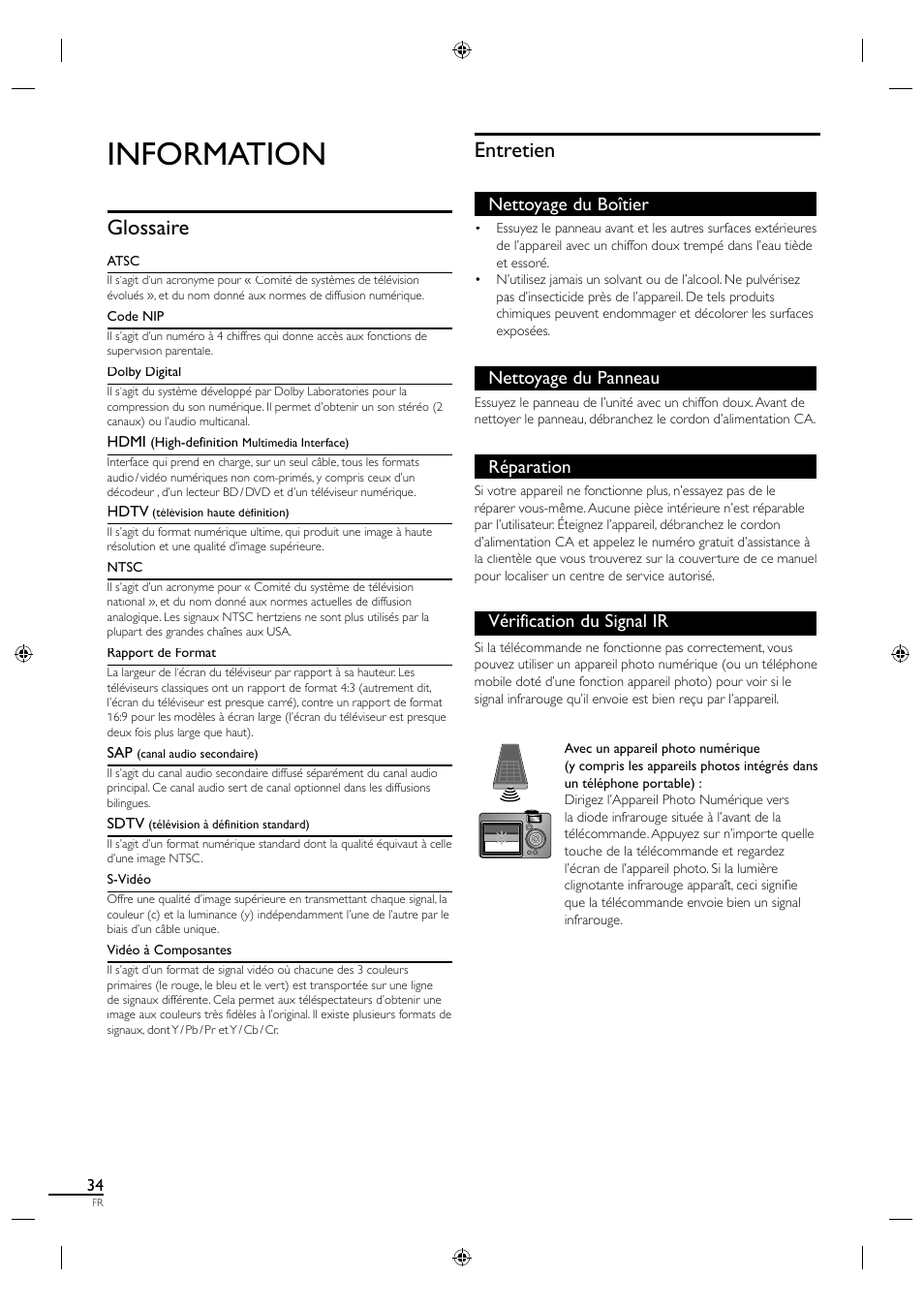 Information, Glossaire, Entretien | Nettoyage du boîtier, Nettoyage du panneau, Réparation, Vérification du signal ir | Sylvania LC320SS1 User Manual | Page 87 / 128