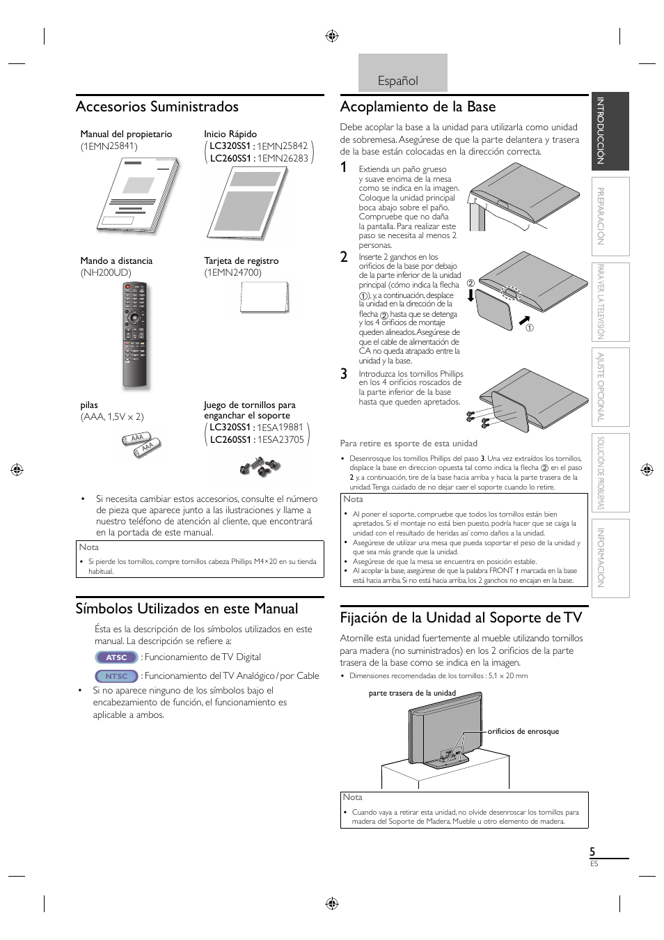 Accesorios suministrados, Símbolos utilizados en este manual, Acoplamiento de la base | Fijación de la unidad al soporte de tv, Español | Sylvania LC320SS1 User Manual | Page 95 / 128