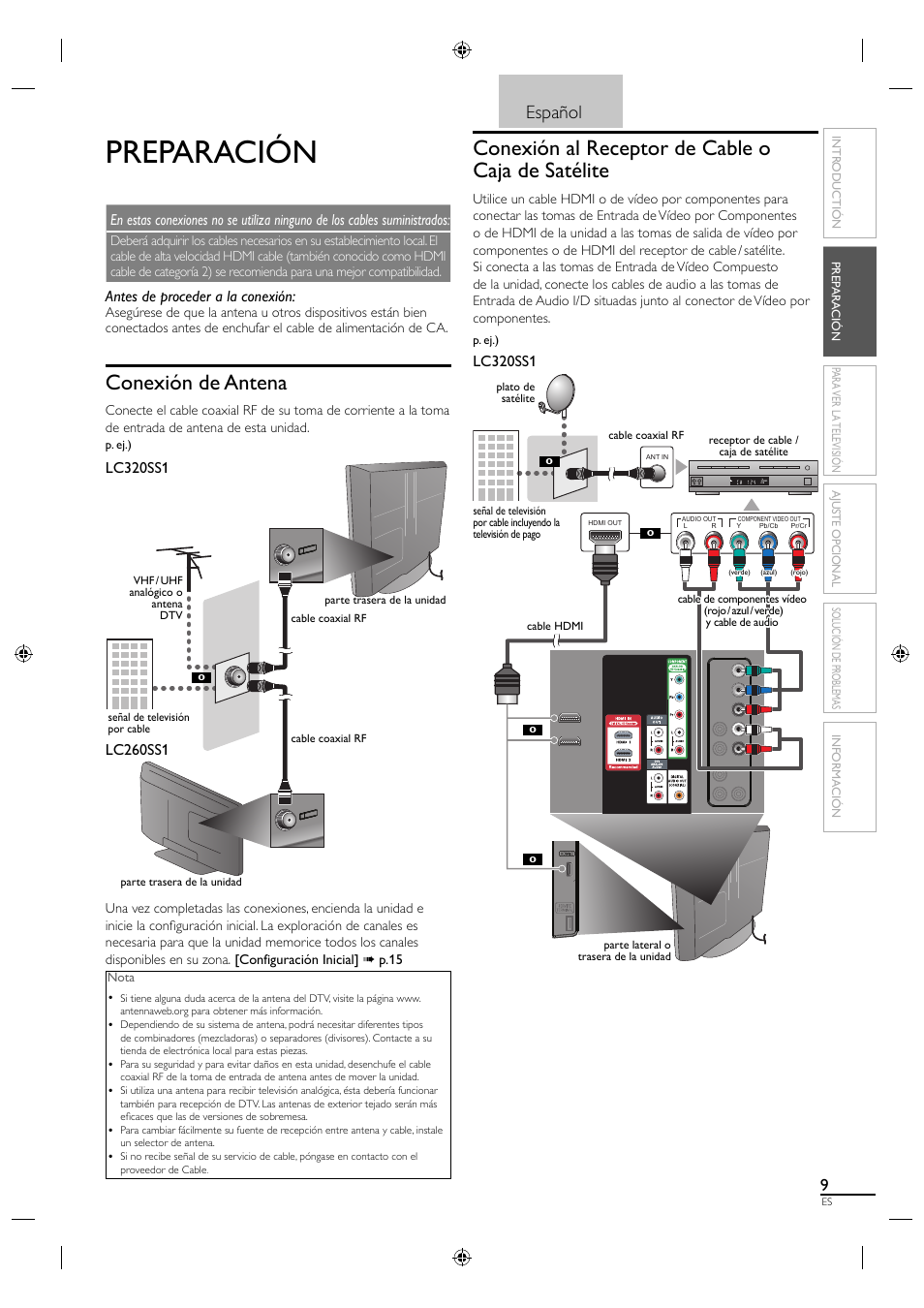 Preparación, Conexión de antena, Conexión al receptor de cable o caja de satélite | Español, Antes de proceder a la conexión, Lc320ss1 | Sylvania LC320SS1 User Manual | Page 99 / 128