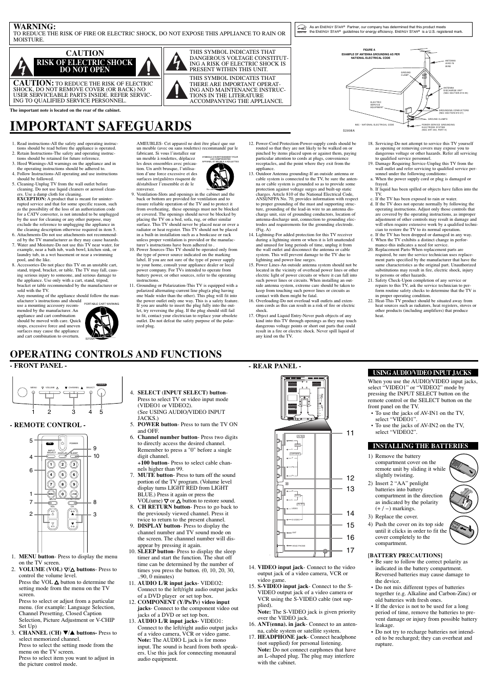 Important safeguards, Operating controls and functions, Warning | Caution, Caution risk of electric shock do not open, Rear panel, Using audio/video input jacks, Installing the batteries, Front panel - - remote control | Sylvania 6615LE User Manual | Page 2 / 8