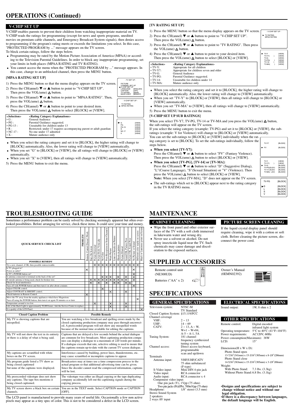 Operations (continued), Owner’s manual, General specifications | Electrical specifications, Other specifications, Cabinet cleaning, Picture screen cleaning, V-chip set up | Sylvania 6615LE User Manual | Page 4 / 8