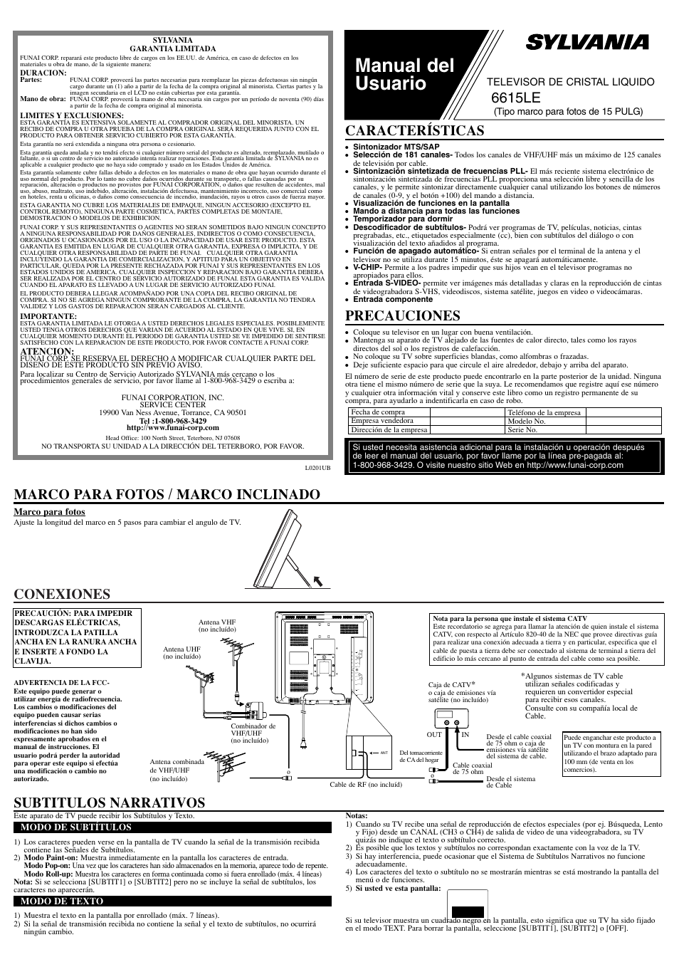 Manual del usuario, Conexiones, 6615le | Marco para fotos / marco inclinado, Características, Precauciones, Subtitulos narrativos | Sylvania 6615LE User Manual | Page 5 / 8