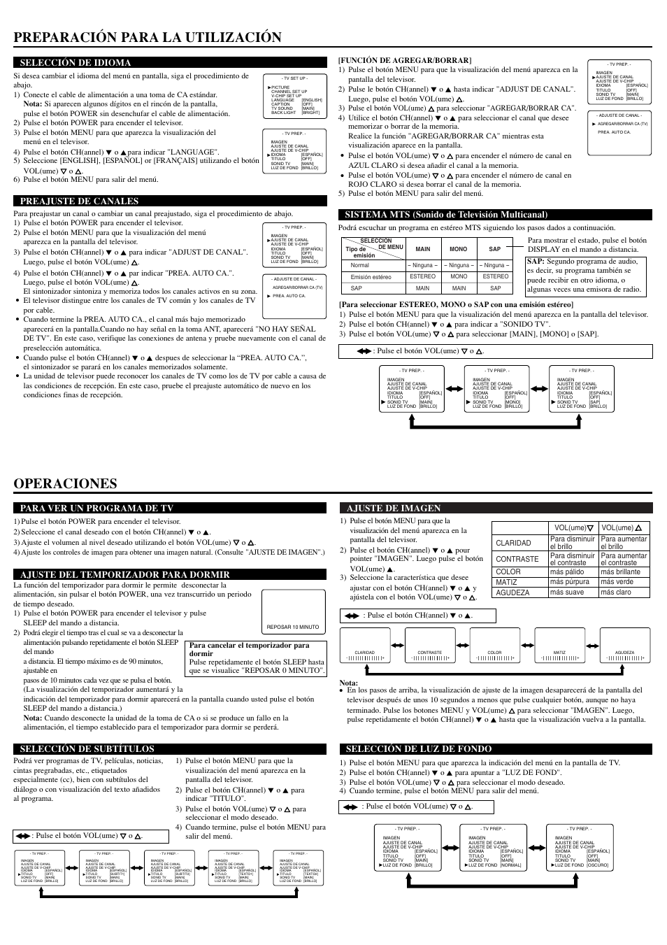 Preparación para la utilización, Operaciones, Ajuste de imagen selección de idioma | Preajuste de canales, Sistema mts (sonido de televisión multicanal), Para ver un programa de tv, Ajuste del temporizador para dormir, Selección de subtítulos, Selección de luz de fondo | Sylvania 6615LE User Manual | Page 7 / 8