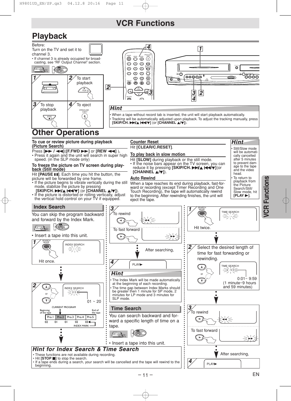 Playback, Other operations, Vcr functions | Hint, Hint f, Index search, Time search | Sylvania DVC840F User Manual | Page 11 / 28